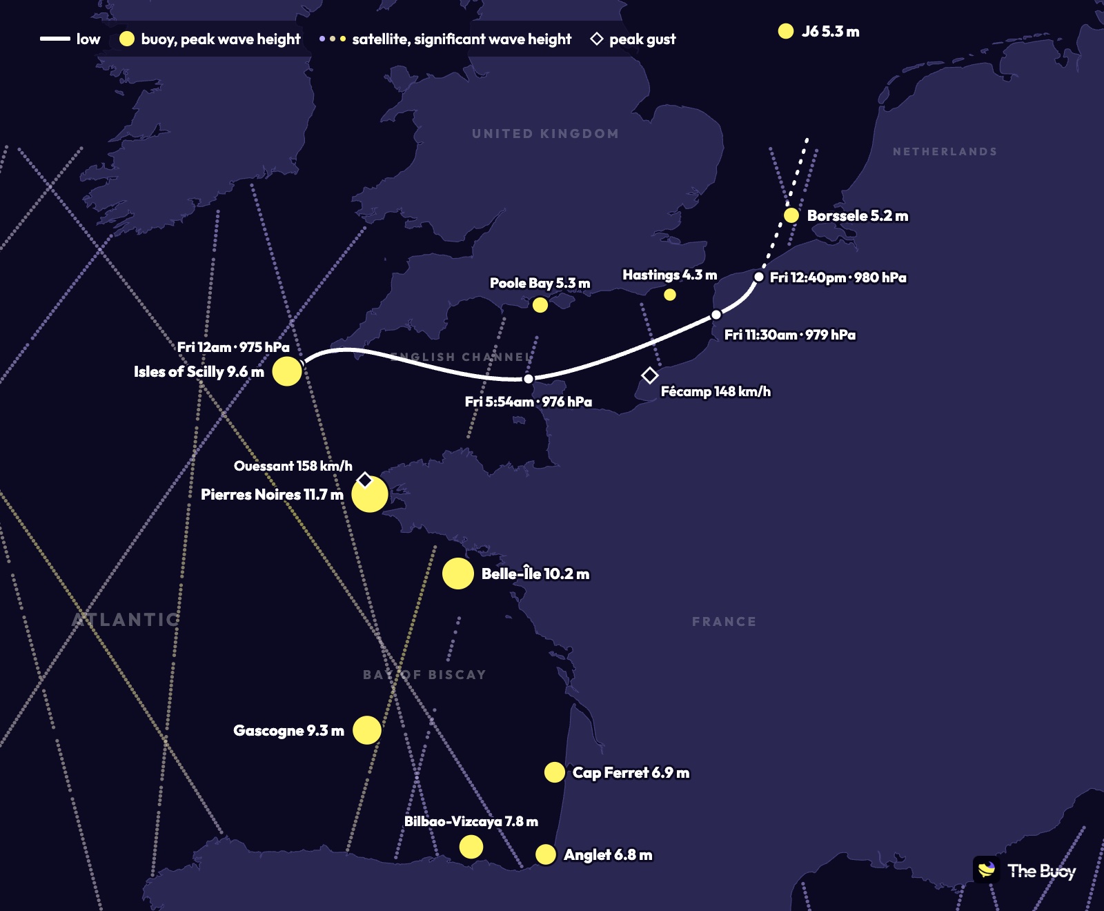 Map of Storm Austen's path: low, peak wave height at buoys, satellites and gusts, from the Atlantic to the North Sea