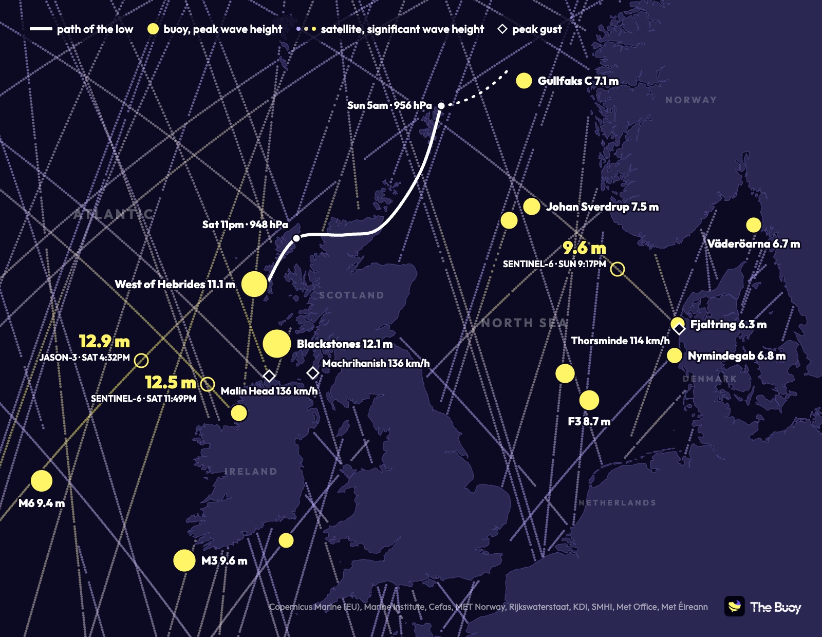 Map of Storm Boelo's path: track of the low, peak wave height at buoys from Ireland to Denmark, satellite tracks and gusts