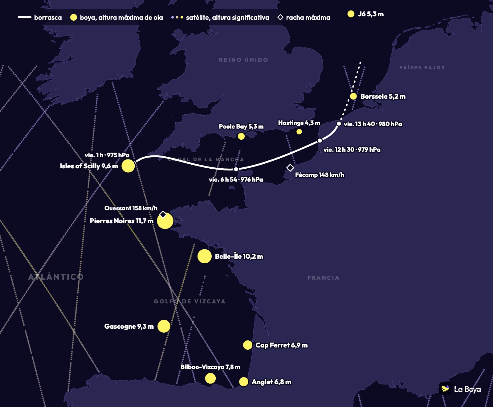 Mapa del recorrido de la borrasca Austen: borrasca, altura máxima de ola en las boyas, satélites y rachas, del Atlántico al mar del Norte