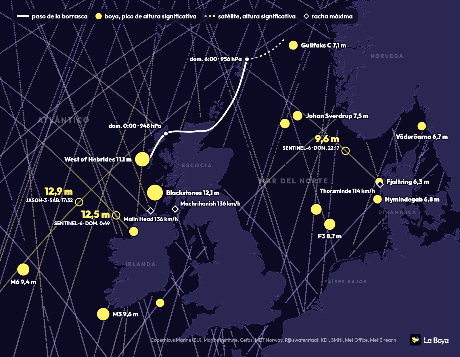 Mapa del recorrido de la borrasca Boelo: paso de la borrasca, oleaje máximo de las boyas de Irlanda a Dinamarca, trazas de los satélites y rachas